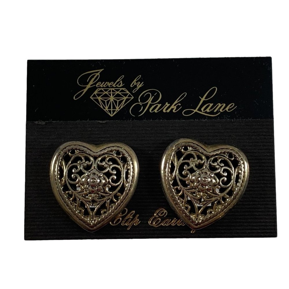 VTG Jewels Park Lane Earrings Clip On Silver Tone Open Work Ornate Heart Shaped